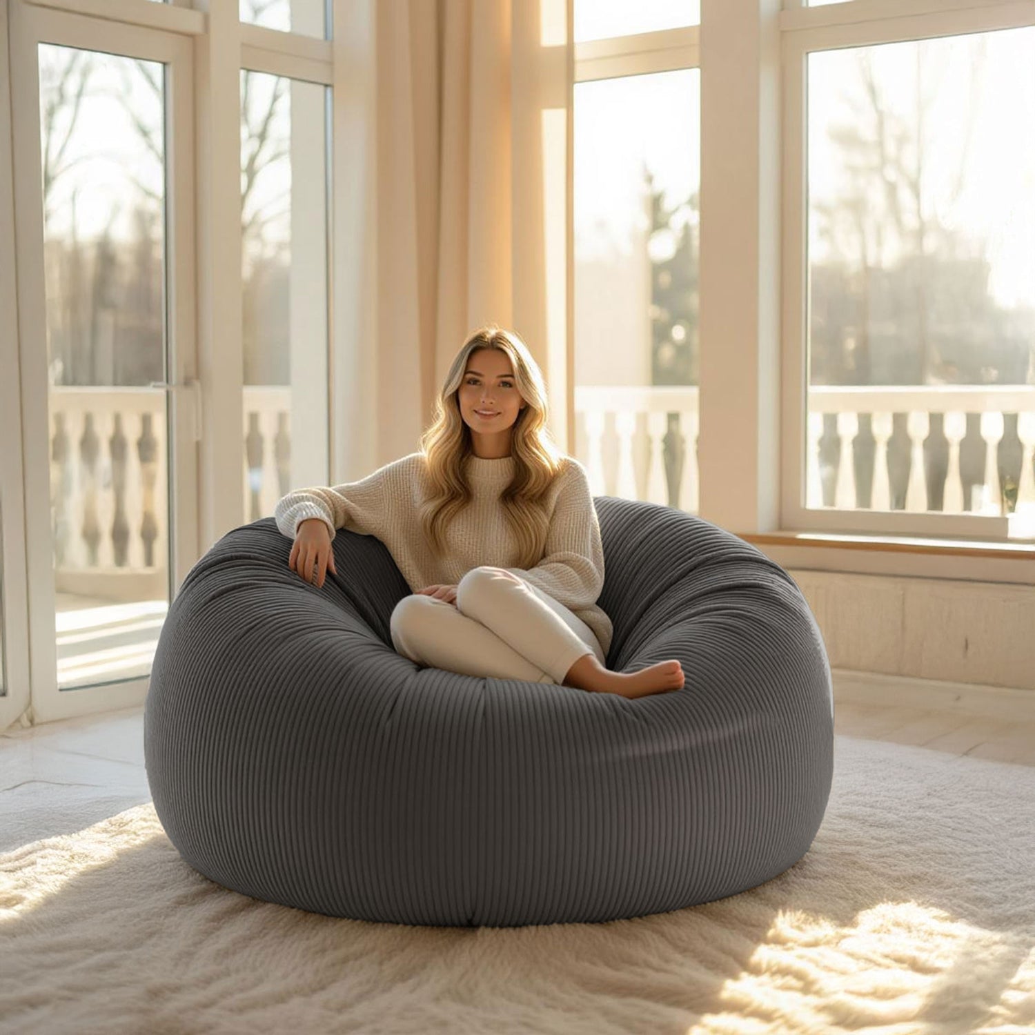 Pouf Géant Rond XXL Velours Côtelé Gris