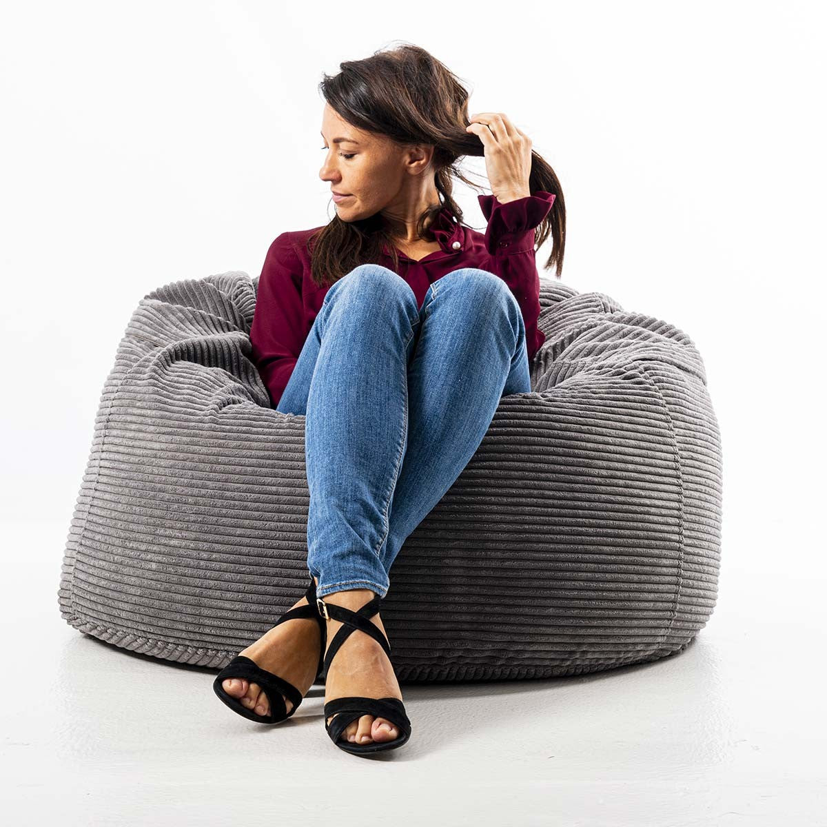 Pouf Géant Rond XL Velours Côtelé Gris