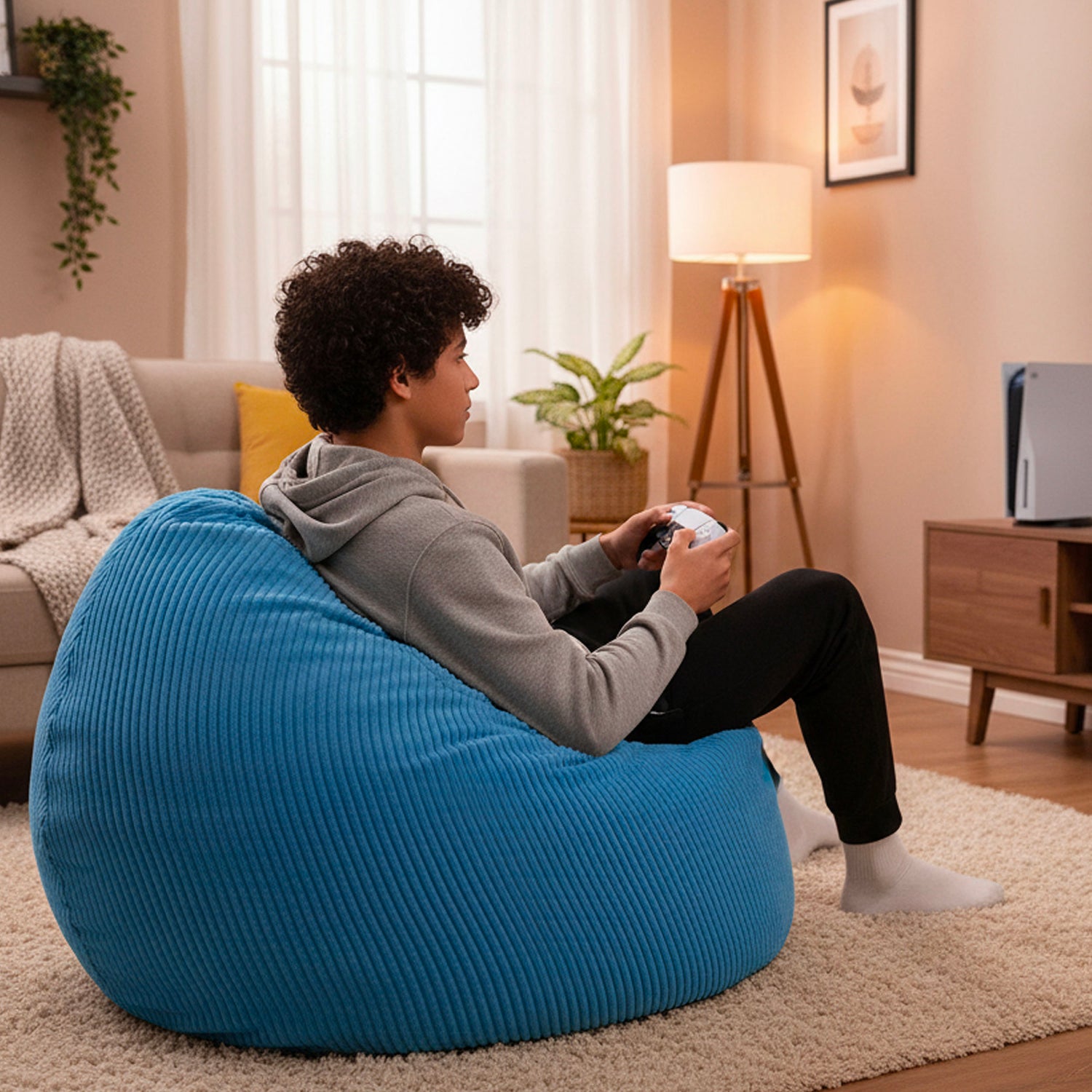 Pouf Poire Velours Côtelé Bleu Ciel