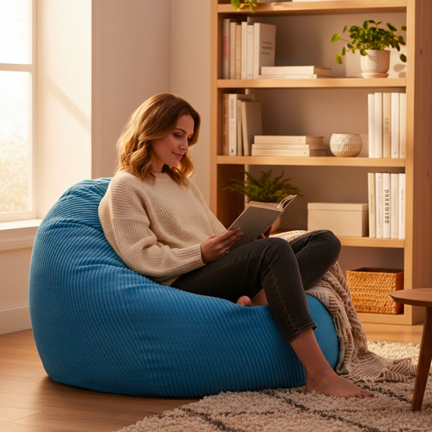 Pouf Poire Velours Côtelé Bleu Ciel