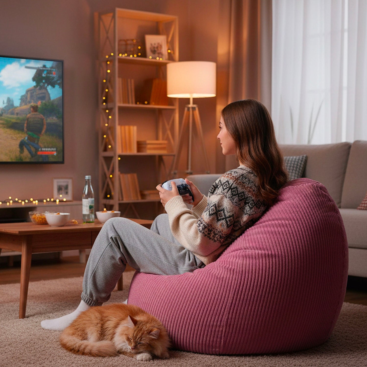 Pouf Poire Velours Côtelé Rose