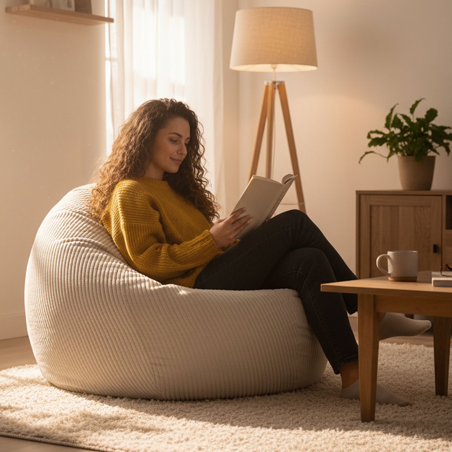 Pouf Poire Velours Côtelé Beige