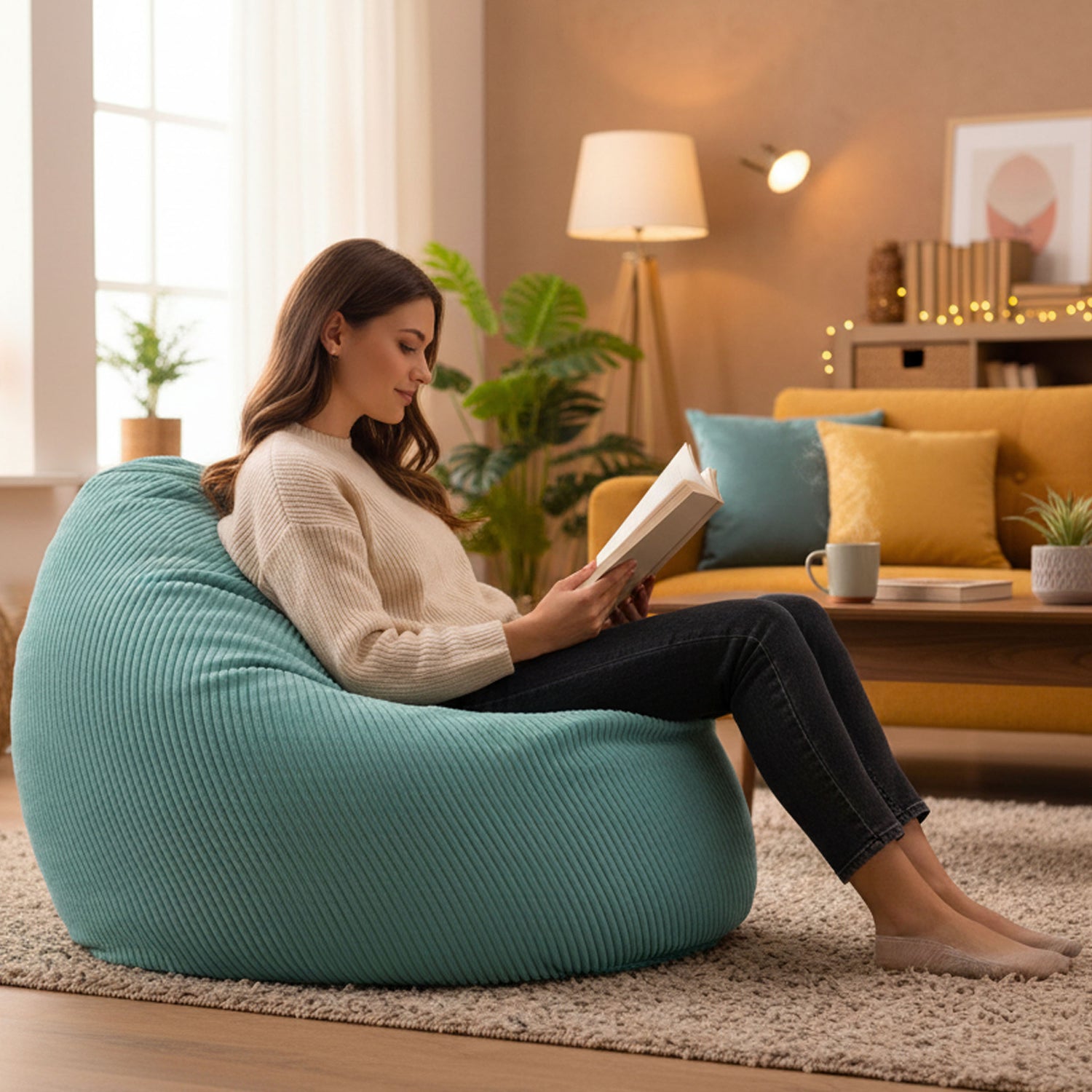 Pouf Poire Velours Côtelé Turquoise